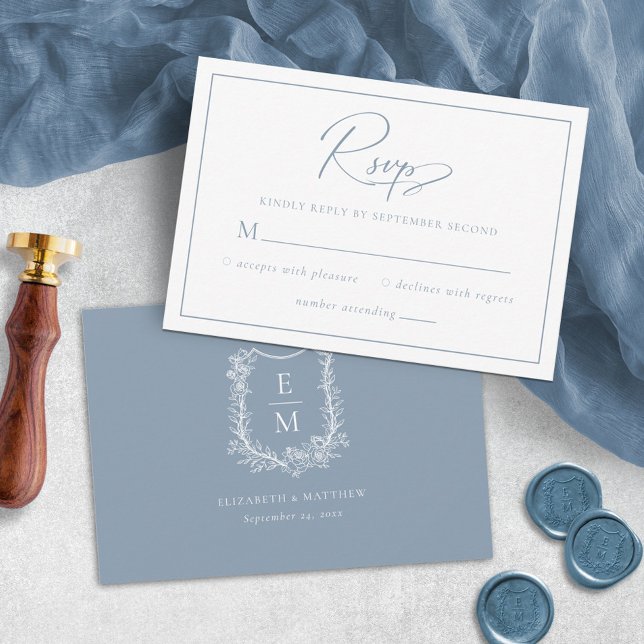 Elegant Dusty Blue Floral Wedding Monogram Crest RSVP Card (Creator Uploaded)