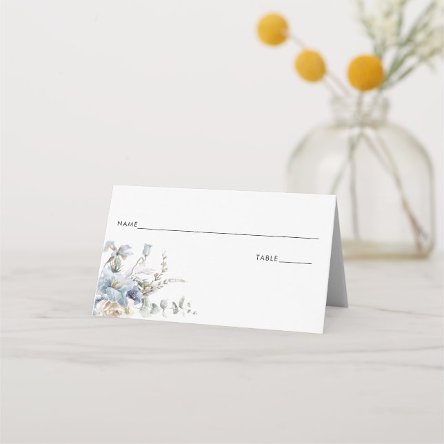Elegant Dusty Blue Floral Wedding Place Card (Front)