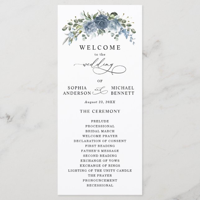 Elegant Dusty Blue Floral Wedding Program Programme (Front)