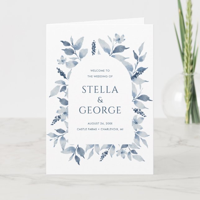 Elegant Dusty Blue Floral Wedding Program Programme (Front)