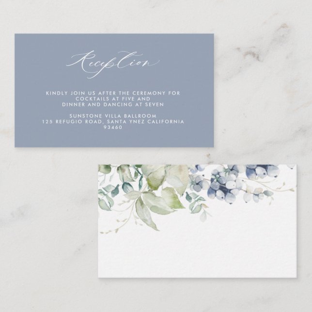 Elegant Dusty Blue Floral Wedding Reception Enclosure Card (Front/Back)
