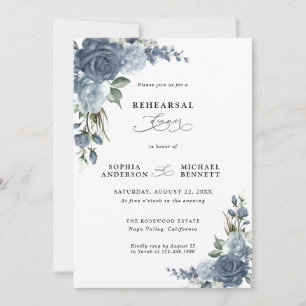 Elegant Dusty Blue Floral Wedding Rehearsal Dinner Invitation