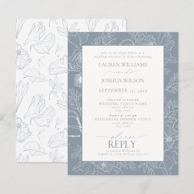 Elegant Dusty Blue Floral Wedding Rehearsal Dinner Invitation (Front/Back)