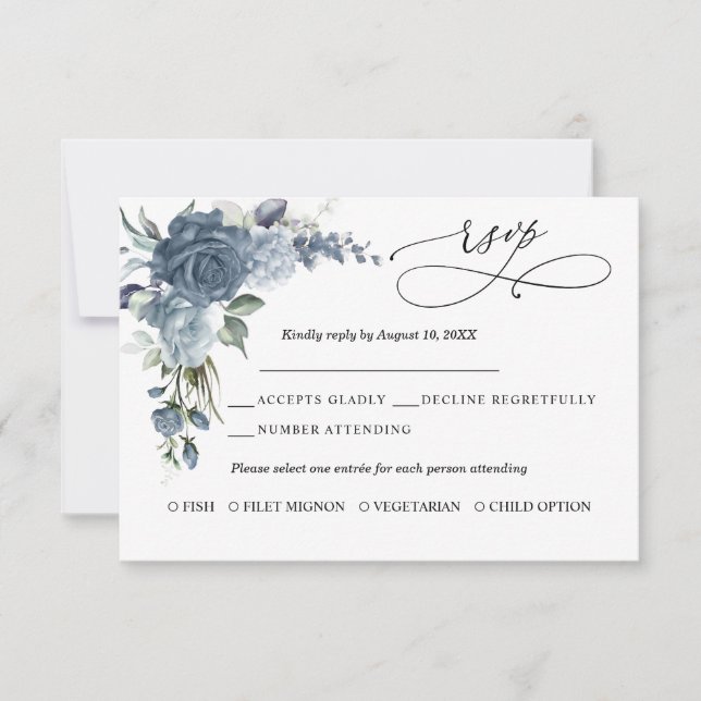 Elegant Dusty Blue Floral Wedding Response Card (Front)
