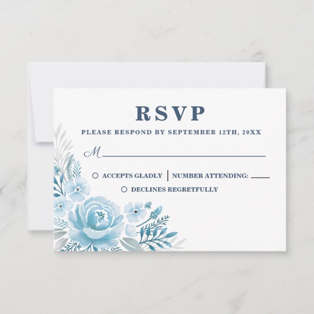 Elegant Dusty Blue Floral Wedding RSVP Card (Front)