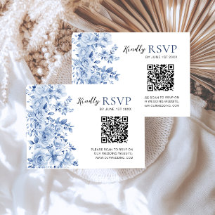 Elegant Dusty Blue Floral Wedding RSVP Card QR Cod