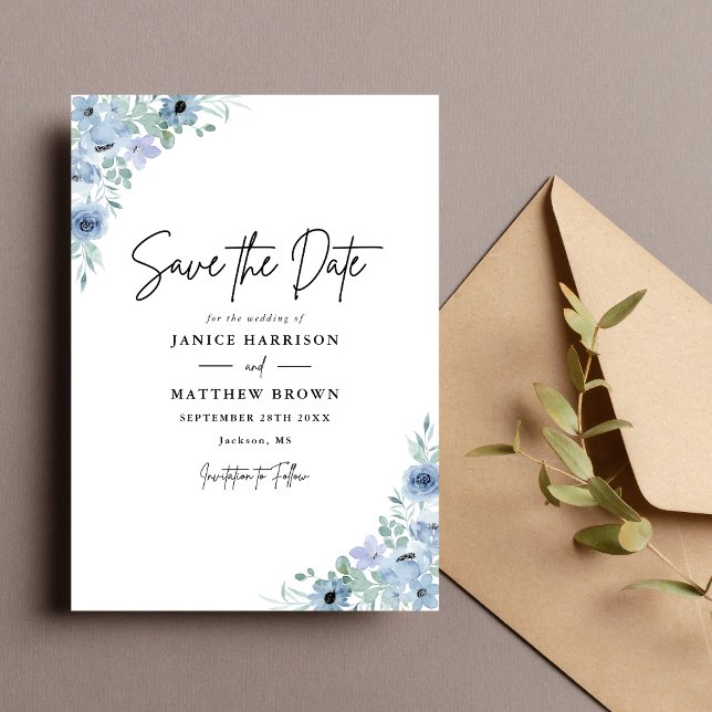 Elegant Dusty Blue Floral Wedding Save The Date (Creator Uploaded)