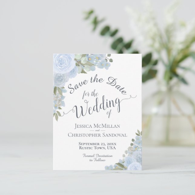 Elegant Dusty Blue Floral Wedding Save the Date Announcement Postcard (Standing Front)