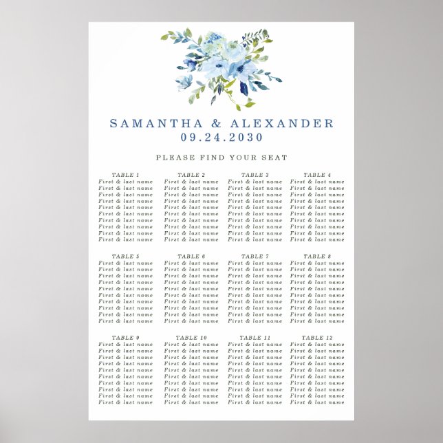 Elegant Dusty Blue Floral Wedding Seating Chart (Front)