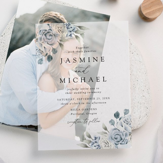 Elegant Dusty Blue Floral Wedding Vellum Invitations (Creator Uploaded)