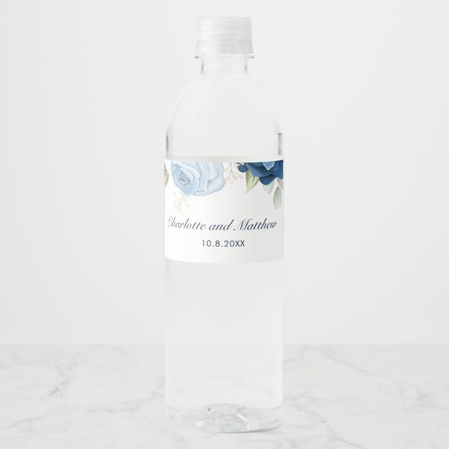 Elegant Dusty Blue Floral Wedding Water Bottle Label (Front)