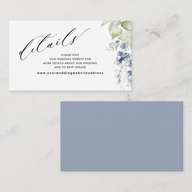 Elegant Dusty Blue Floral Wedding Website /Details Enclosure Card (Front/Back)
