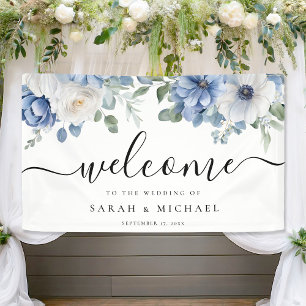 Elegant Dusty Blue Floral Wedding Welcome Banner
