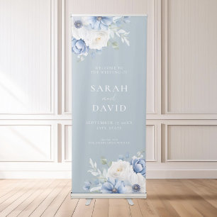 Elegant Dusty Blue Floral Wedding Welcome Retractable Banner