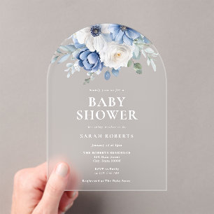 Elegant Dusty Blue Floral Winter Baby Shower Acrylic Invitations