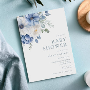 Elegant Dusty Blue Floral Winter Baby Shower Invitation