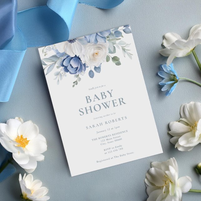 Elegant Dusty Blue Floral Winter Baby Shower Invitation (Creator Uploaded)