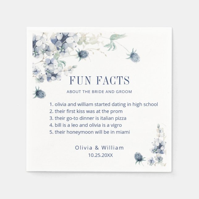 Elegant Dusty Blue Floral Winter Wedding FUN FACTS Napkin (Front)