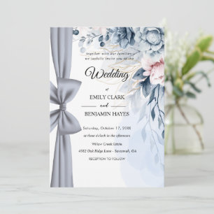 Elegant Dusty Blue Floral  with Bow Wedding Invitation