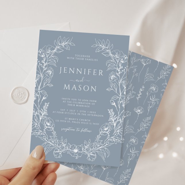 Elegant dusty blue floral wreath bohemian wedding invitation (Creator Uploaded)