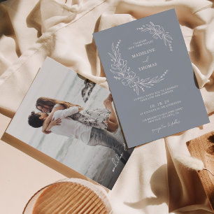 Elegant Dusty Blue Floral Wreath Photo Wedding Invitation