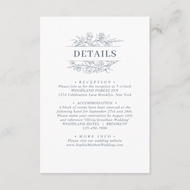 Elegant Dusty Blue Floral Wreath Wedding Details Enclosure Card (Front)