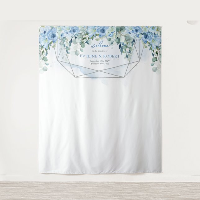 Elegant  Dusty Blue flowers and silver backdrop Tapestry (Front)