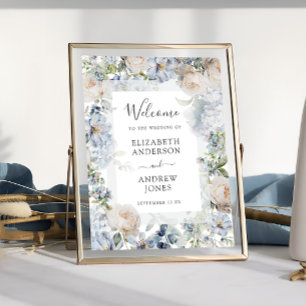 Elegant Dusty Blue Flowers Garden Wedding Welcome Poster