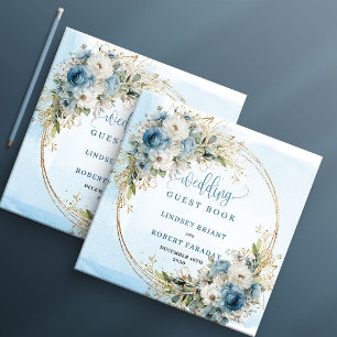 Elegant Dusty Blue Flowers Gold Wedding Guest Book