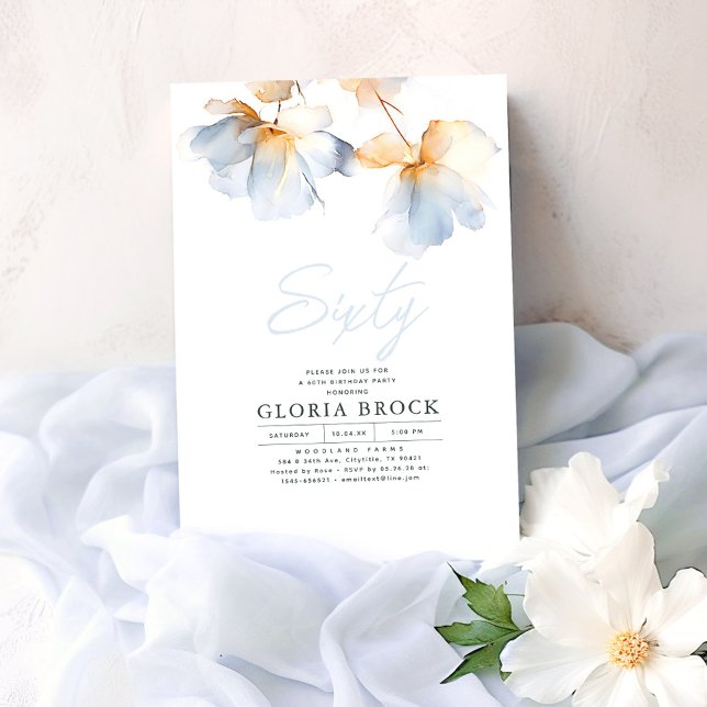 Elegant Dusty Blue Flowers Minimalist Birthday Invitation (Dusty Blue Floral Birthday Invitations)