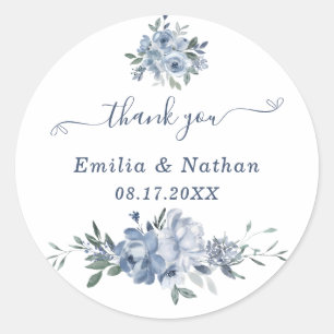 Elegant Dusty Blue Flowers Thank You Favour  Classic Round Sticker