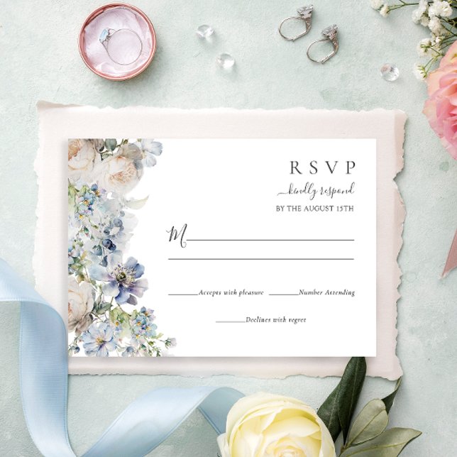 Elegant Dusty Blue Flowers Wedding RSVP Card (Creator Uploaded)