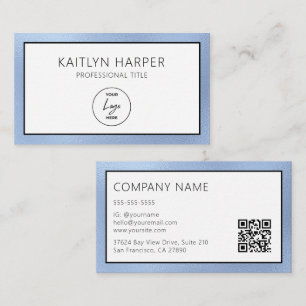 Elegant Dusty Blue Foil Edged Logo QR Code Business Card