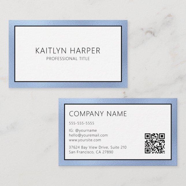 Elegant Dusty Blue Foil Edged QR Code Business Card (Front/Back)