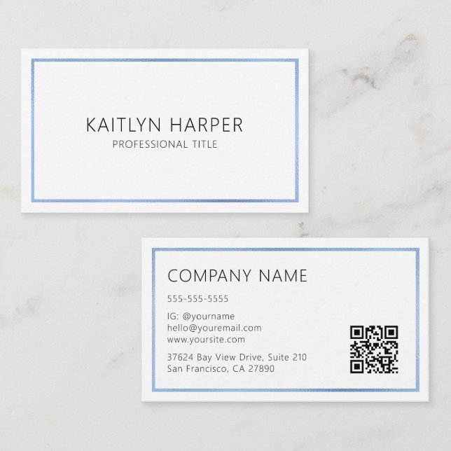 Elegant Dusty Blue Foil Frame Minimal QR Code Business Card (Front/Back)
