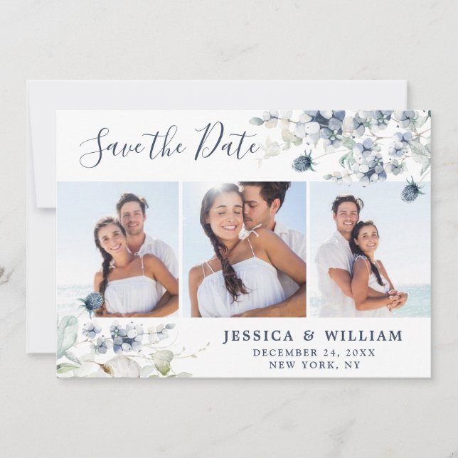 Elegant Dusty Blue Foliage Wedding 3 PHOTO Save The Date (Front)