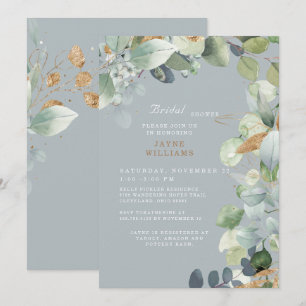 Elegant Dusty Blue Foliage Wedding Bridal Shower Invitation