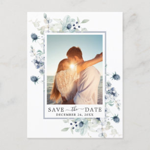 Elegant Dusty Blue Foliage Wedding Save the Date Announcement Postcard