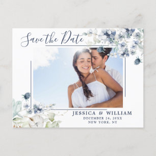 Elegant Dusty Blue Foliage Wedding Save the Date Announcement Postcard