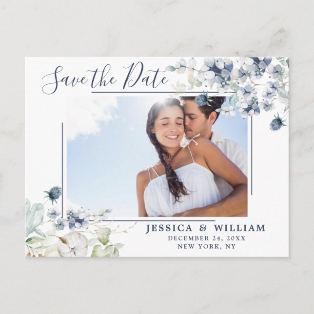 Elegant Dusty Blue Foliage Wedding Save the Date Announcement Postcard (Front)
