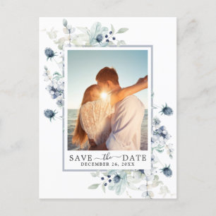 Elegant Dusty Blue Foliage Wedding Save the Date Postcard