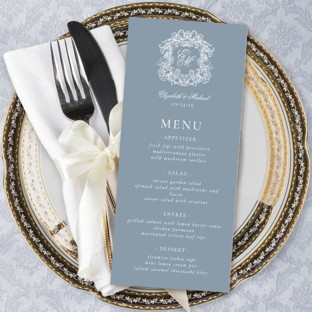 Elegant Dusty Blue Formal Monogram Crest Wedding Menu (Creator Uploaded)