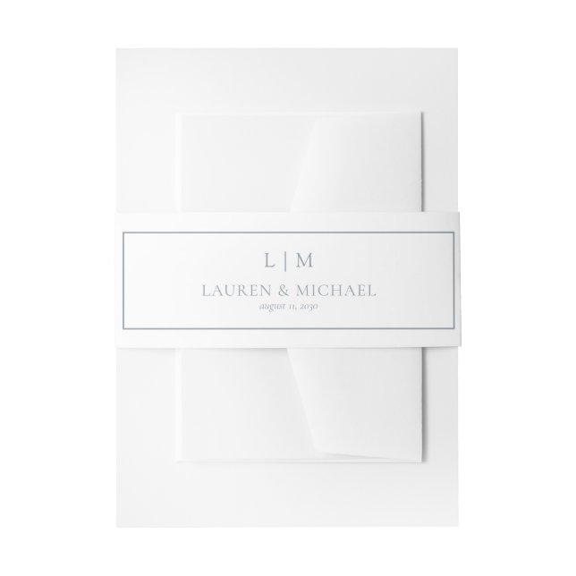Elegant Dusty Blue Formal Monogram Wedding Invitation Belly Band (Front Example)