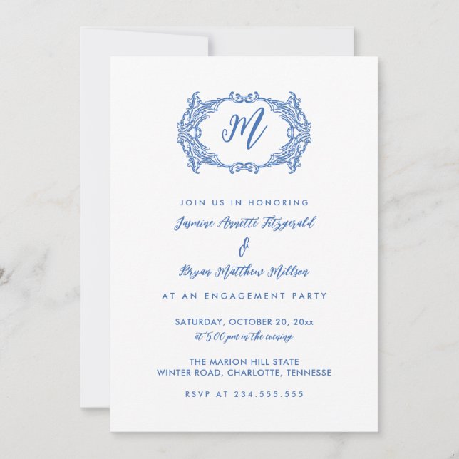 Elegant Dusty Blue French Crest Engagement Party Invitation (Front)