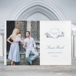 Elegant Dusty Blue French Floral Crest Guest Book