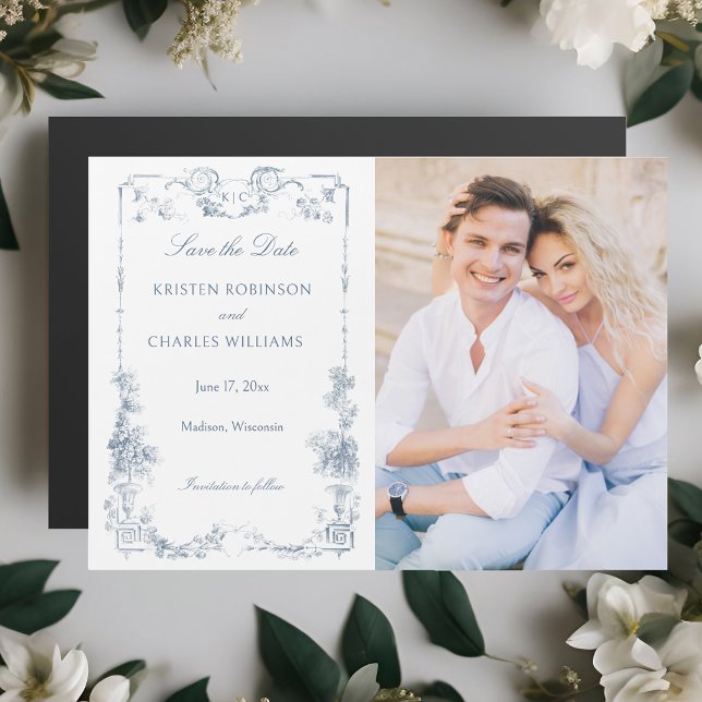 Elegant Dusty Blue French Floral Save the Date Magnetic Invitation (Creator Uploaded)