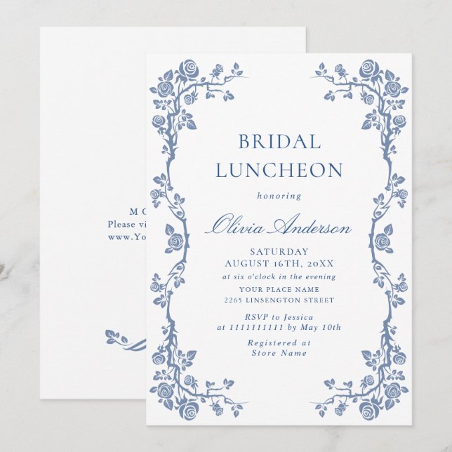 Elegant Dusty Blue French Garden BRIDAL LUNCHEON Invitation (Front/Back)