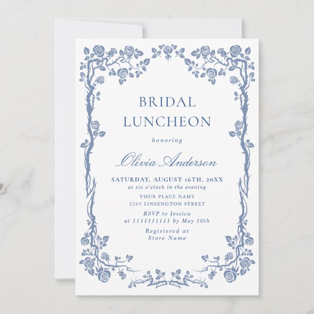 Elegant Dusty Blue French Garden BRIDAL LUNCHEON Invitation (Front)
