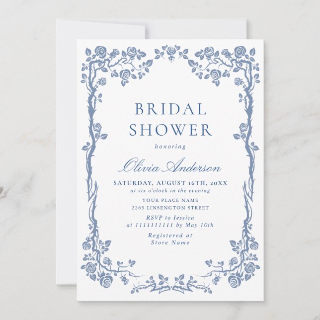 Elegant Dusty Blue French Garden BRIDAL SHOWER Invitation (Front)