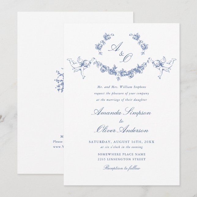 Elegant Dusty Blue French Garden Floral Wedding Invitation (Front/Back)